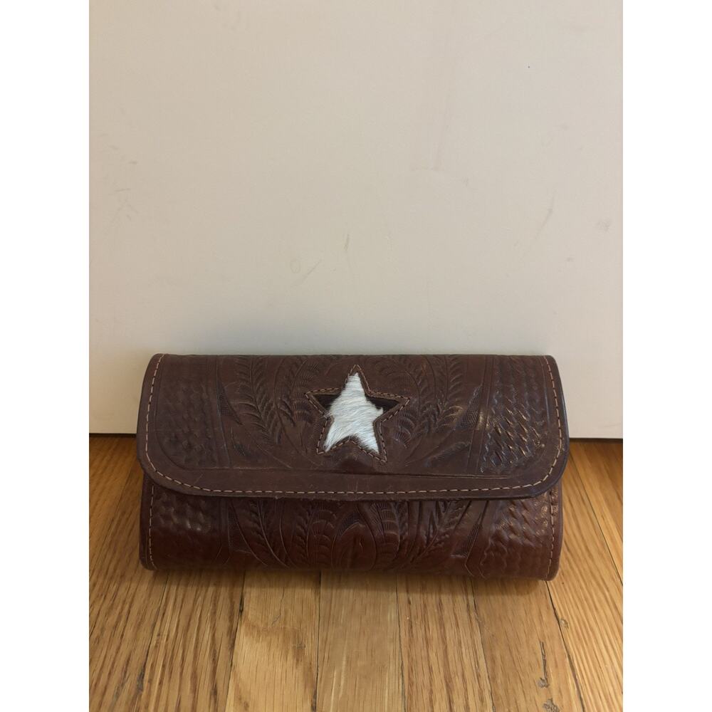 American West hand-tooled brown leather wallet with white hair hide star inlay